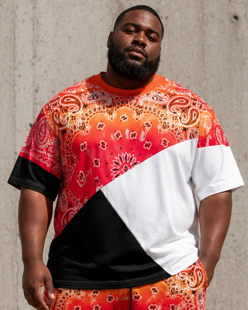 Big & Tall Men’s Orange-Red Ombre Paisley Patchwork Print Crew-Neck Short-Sleeve T-Shirt And Shorts Set