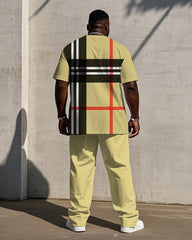 Men's Plus Size Casual Fashion Yellow Large Plaid Print Short-sleeved T-shirt Trousers Suit