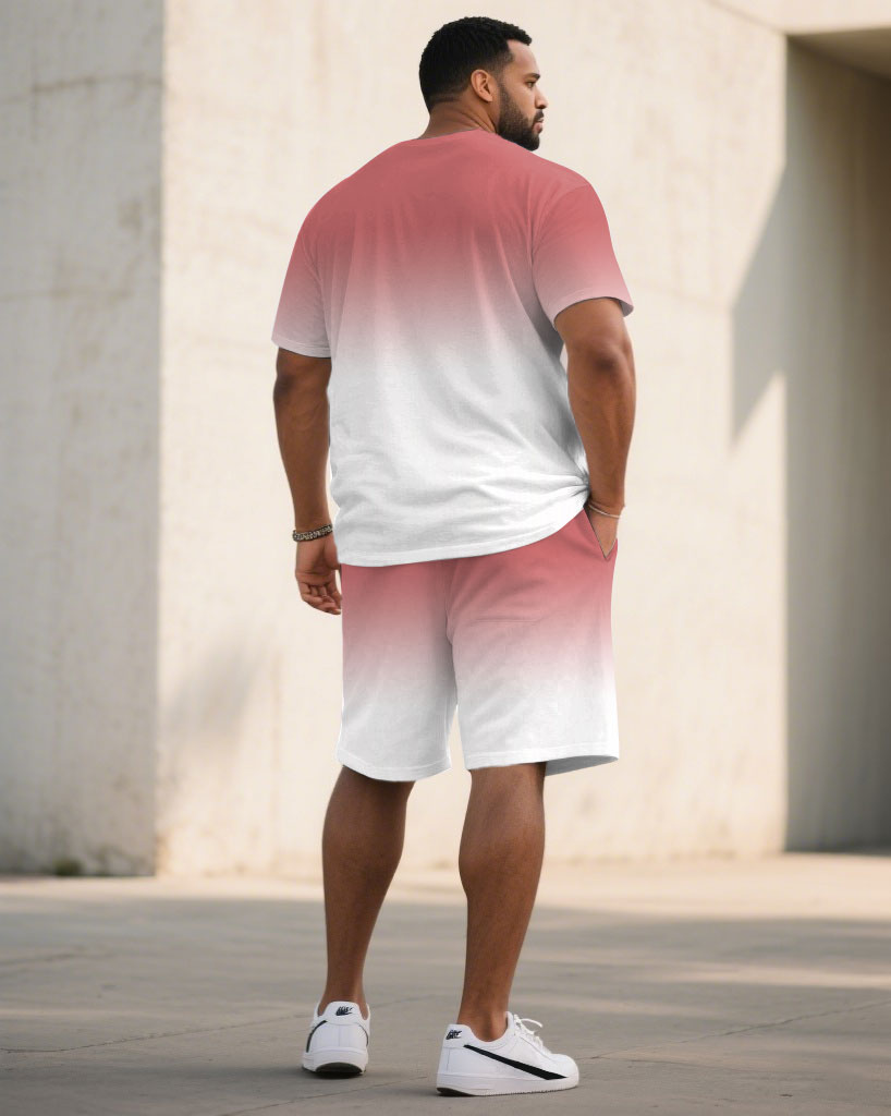 Big & Tall Men Pink & White Gradient Contrast Handwritten Respect Slogan Printed Crewneck Short Sleeve T-Shirt Shorts Suit