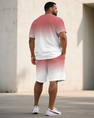 Big & Tall Men Pink & White Gradient Contrast Handwritten Respect Slogan Printed Crewneck Short Sleeve T-Shirt Shorts Suit