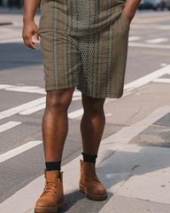 Men's Plus Size Business Brown Striped Print Short Sleeve Polo Shirt Shorts Suit