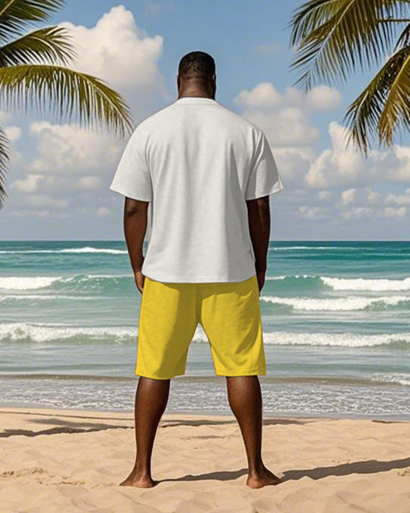 Big & Tall Men's Hawaiian Yellow Coconut Beach Graffiti Print Round Neck Short Sleeve T-Shirt Shorts Suit