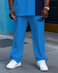 Big Men's Casual Splicing Blue Color Block POLO Printed Short Sleeve T-shirt Drawstring Pants Set