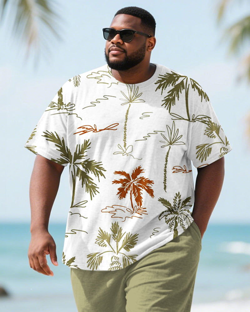 Men's Plus Size Hawaiian Green Full Print Coconut Tree Print Round Neck Short Sleeve T-Shirt Shorts Suit