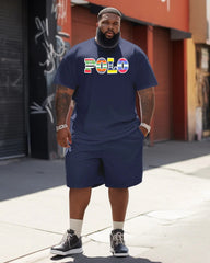 Big & Tall Men's Letter Color Striped Color-matching Printed Crewneck Short-sleeve T-shirt Shorts Set