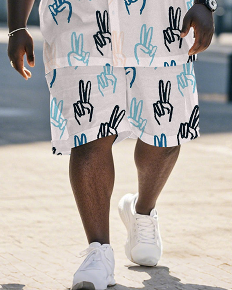 Men's Plus Size Street Fashion White Graffiti Gesture Print Shirt Shorts Suit