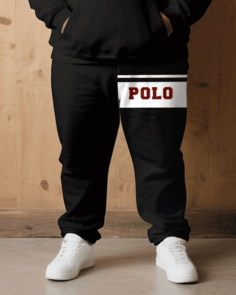 Big & Tall Men Fall/Winter Casual Black & Red & White Contrast Patchwork Letters Casual Printed Hoodie Suit