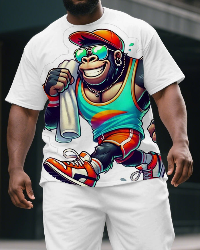 Big & Tall Men's Street Fashion Cool Gorillas in Tank Print Short-Sleeved T-shirt and Short Set