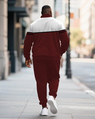 Big & Tall Men's Wine Red Striped Contrast Printed POLO Collar Zipper Long Sleeve Pants Two-piece Set