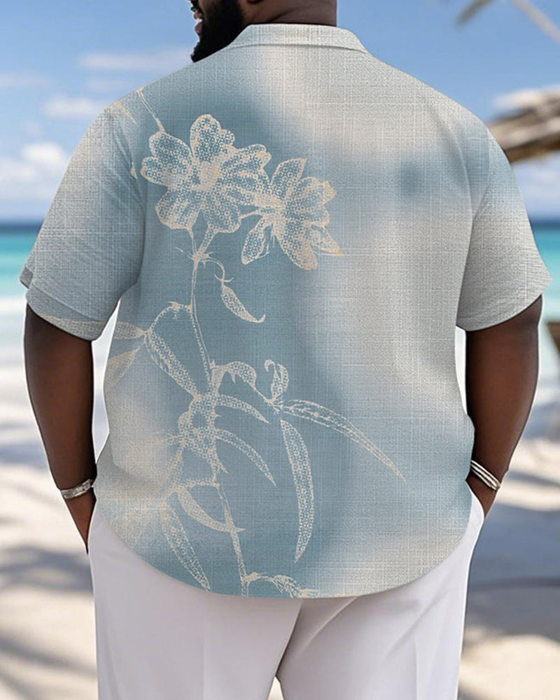 Men's Plus Size Hawaiian Gradient Blue Floral Print Short Sleeve Slub Shirt