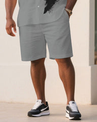 Men's Plus Size Grey & Black Personality Art Brush Print Short Sleeve Shirt Shorts Suit