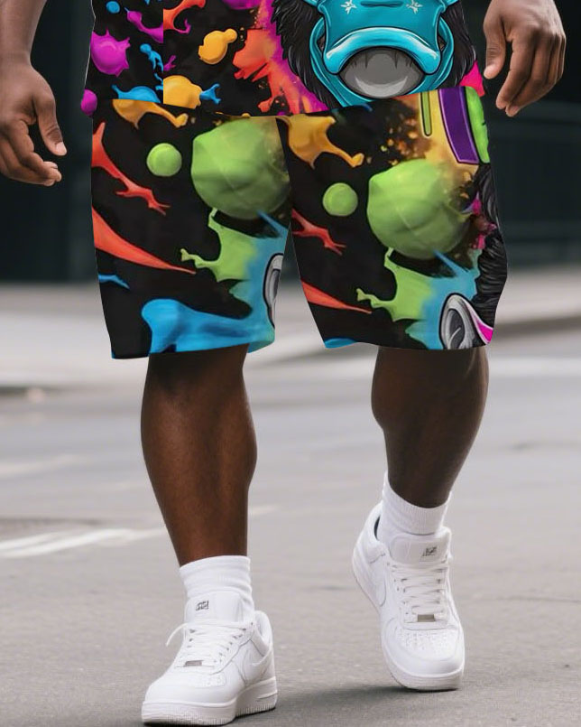 Men's Big & Tall Dreamy Cartoon Splicing Gorillas Print Short-Sleeved T-shirt & Short Set