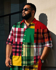 Big Men's Colorful Plaid Splicing Style Daily Casual Long Sleeve Shirt Pants Set