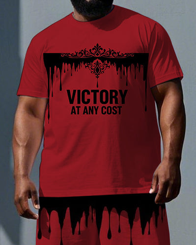 Men's Punk Style Crown VICTORY AT ANY COST Print Short-Sleeve T-shirt Big & Tall Set