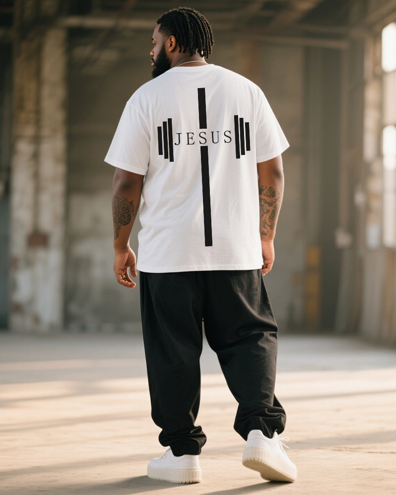 Big & Tall Men's Jesus Dumbbell Striped Printed T-Shirt Trousers Suit