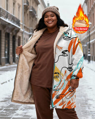 Women's Rice White Color Women's Face Art Printed Velvet Thickened Long Hooded Coat