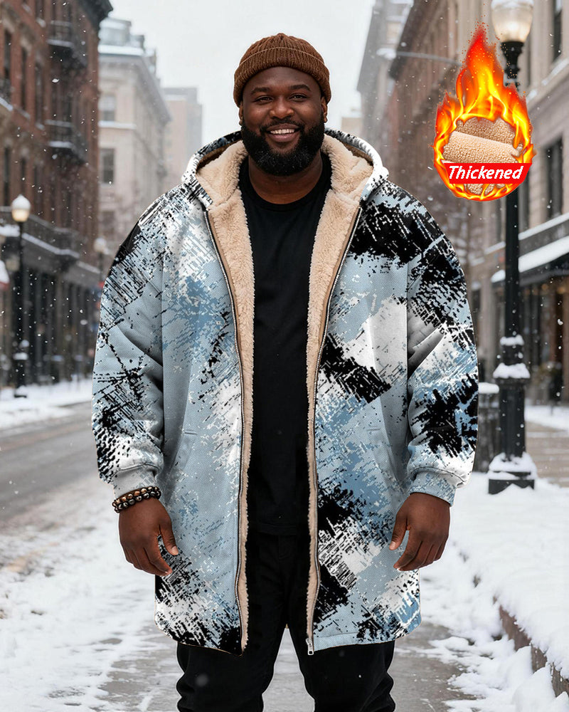 Big & Tall Men's Blue Graffiti Print Velvet Thickened Long Hooded Coat