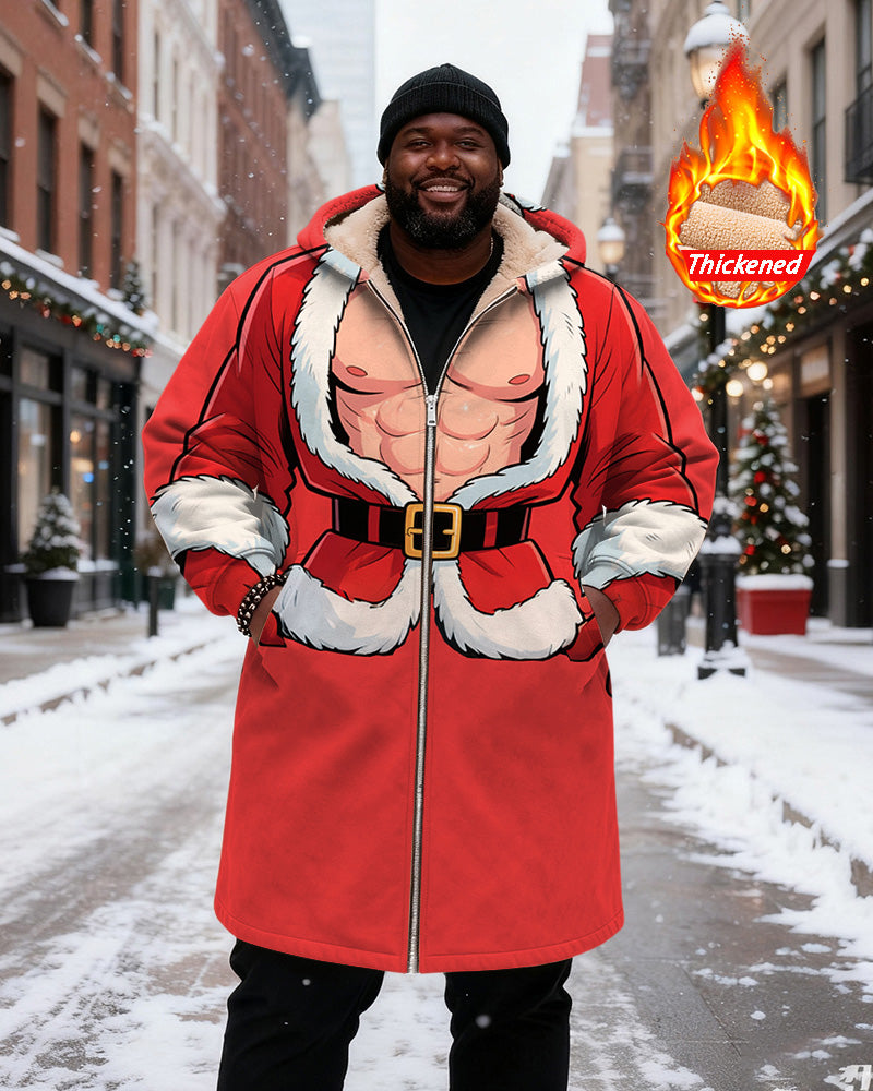 Big & Tall Men's Red Muscle Santa Claus Styling Printed Velvet Thickened Long Hooded Coat