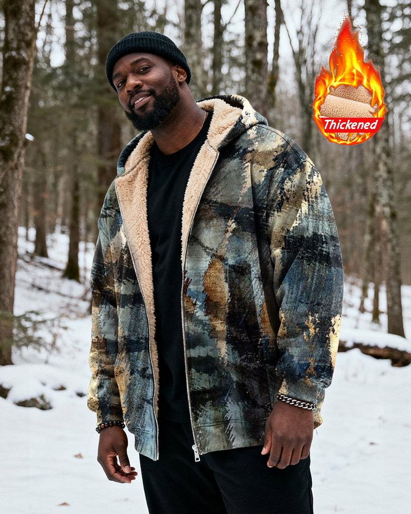 Big & Tall Men's Blue Brown Gold Abstract Textured Print Velvet Thickened Zip Hoodie