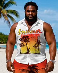 Men's Plus Size Hawaiian Chest Print Sun Sleeveless Vest Shirt Shorts Suit