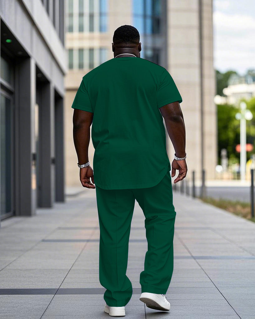 Men's Plus Size Casual Green & Yellow Color-block Small Label Printed Short-sleeved T-shirt Trousers Suit