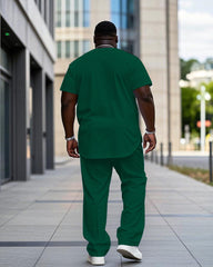 Men's Plus Size Casual Green & Yellow Color-block Small Label Printed Short-sleeved T-shirt Trousers Suit