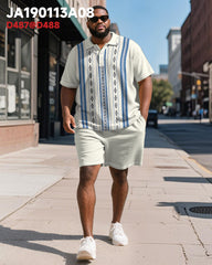 Men's Plus Size Business Apricot Blue Stripe Print Short Sleeve Polo Shirt Shorts Suit