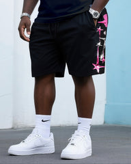 Big & Tall Men's Street Fashion Pink Letters Creative Printed Round Neck T-Shirt Shorts Suit