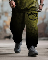 Big & Tall Men's Street Fashion Yellow Graffiti Emoji Print Hoodie Suit