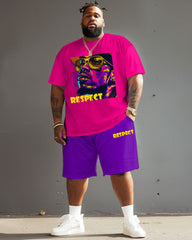 Men's Plus Size Street Fashion Pop Art Respect Alphabet Print T-Shirt Shorts Set