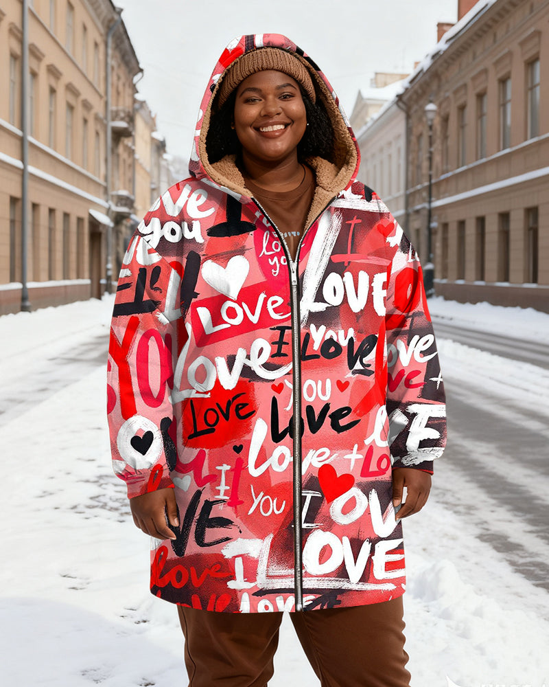 LOVE Graffiti Red And Black Contrast Printed Velvet Thickened Long Hooded Exterior