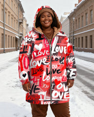 LOVE Graffiti Red And Black Contrast Printed Velvet Thickened Long Hooded Exterior