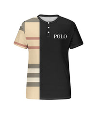 Men's Plus Size Daily Casual Black Khakis Stripe Alphabet Print Henry Collar Button Short Sleeve T-Shirt