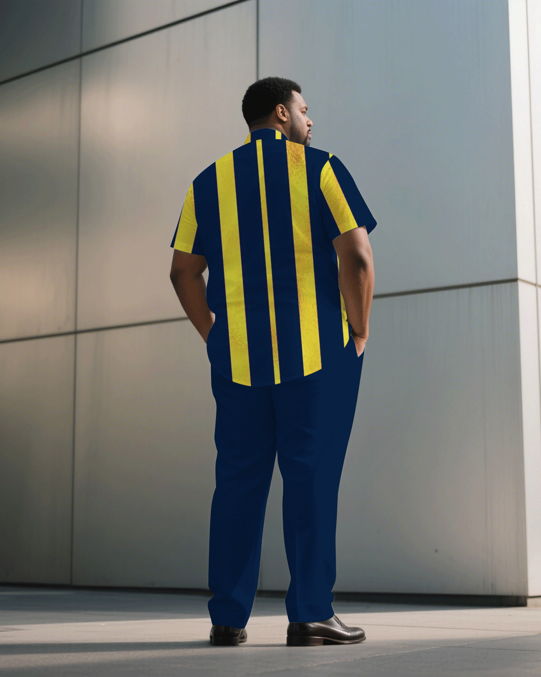 Big & Tall Men's Casual Royal Blue & Yellow Thick Stripe Short Sleeve Shirt Trousers Suit