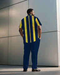 Big & Tall Men's Casual Royal Blue & Yellow Thick Stripe Short Sleeve Shirt Trousers Suit