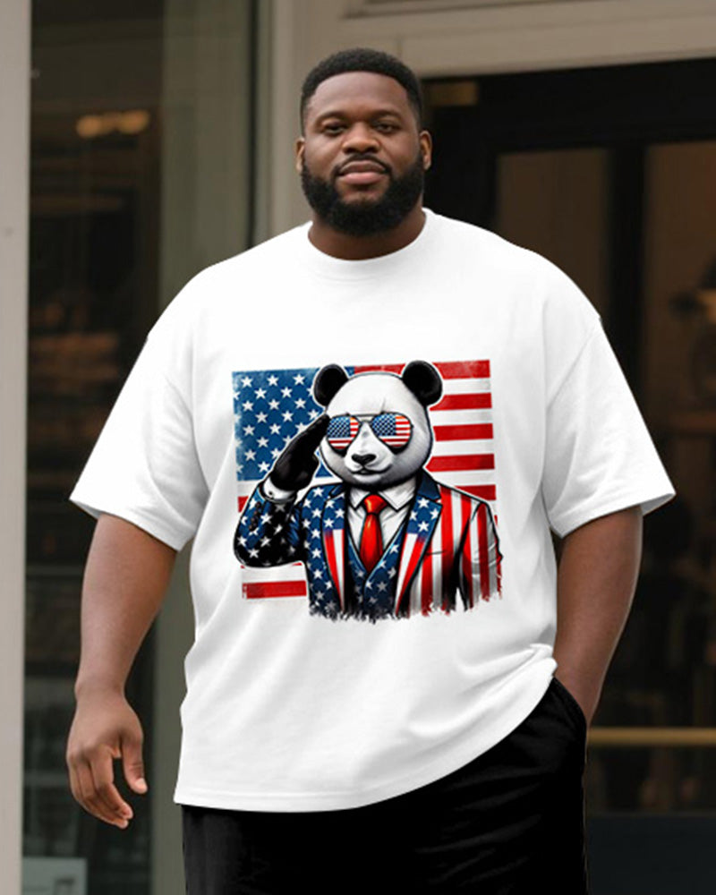 Big & Tall Men's Independence Day Panda Salute Printed Round Neck Short Sleeve T-Shirt Shorts Suit
