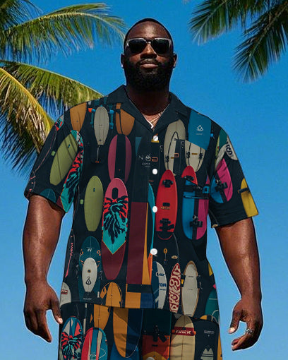 Big Men's Hawaiian Fashion Abstract Colorful Surfboard Printed Cuban Collar Short Sleeve Shirt Shorts Set