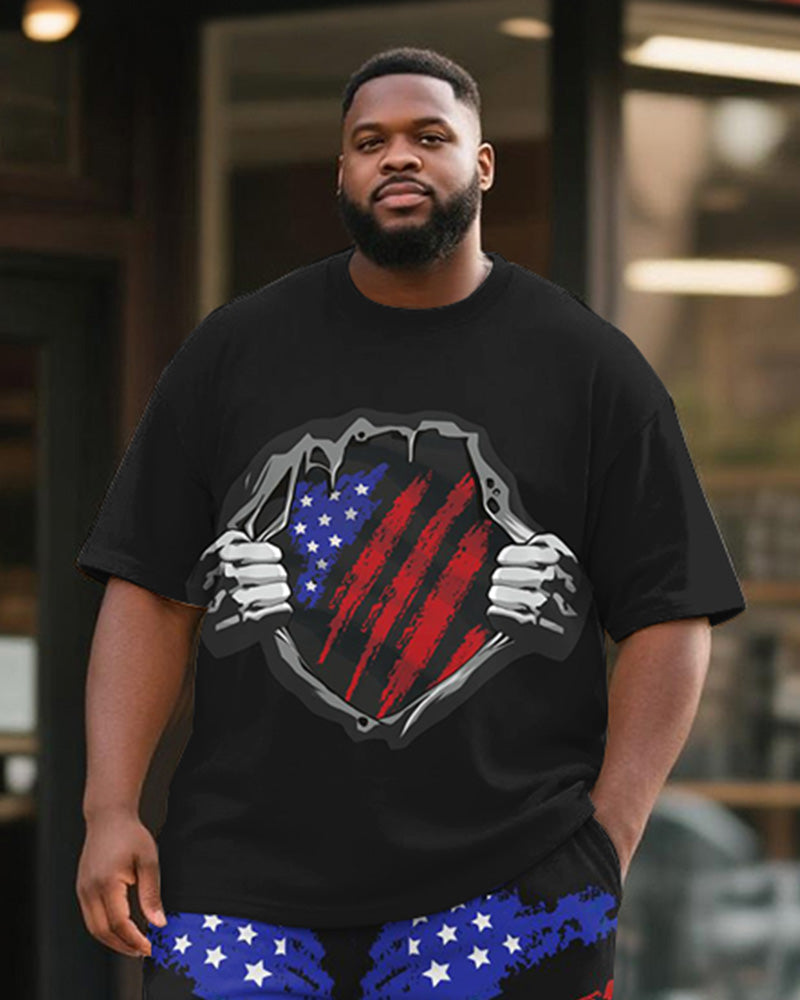 Men's Plus Size Independence Day American Flag Print Round Neck Short Sleeve T-Shirt Shorts Suit