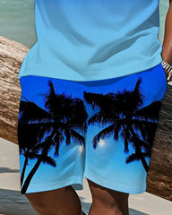 Men's Plus Size Hawaiian Gradient Blue Coconut Print Short Sleeve T-Shirt Shorts Suit