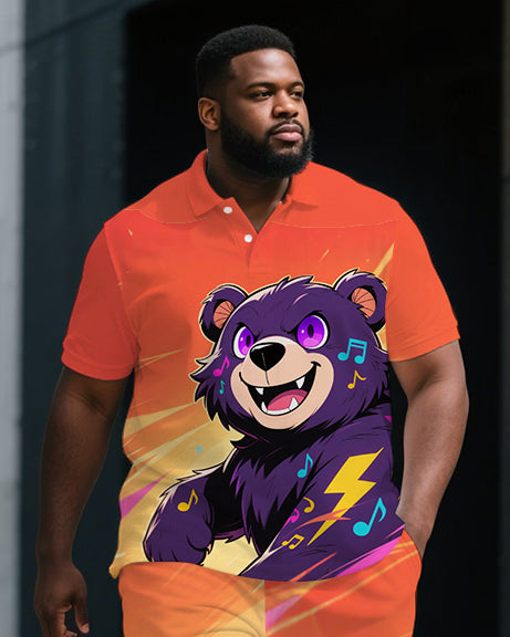 Big Men's Animal Theme Musical Bear Cartoon Printed Short-Sleeve Polo Shirt & Shorts Set