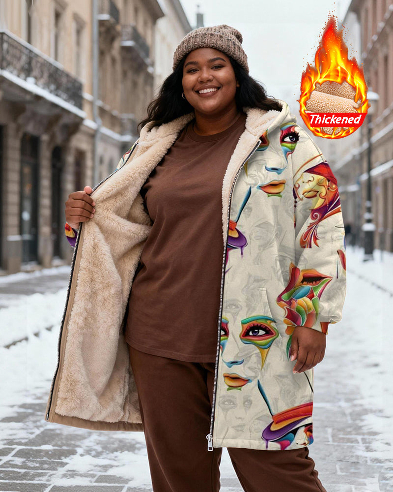 Women's Rice White Color Women's Face Art Printed Velvet Thickened Long Hooded Coat