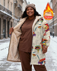 Women's Rice White Color Women's Face Art Printed Velvet Thickened Long Hooded Coat