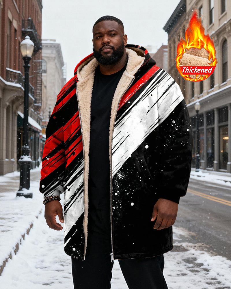 Big & Tall Men's Black And Red Brush Color Matching Printed Velvet Padded Long Hooded Coat