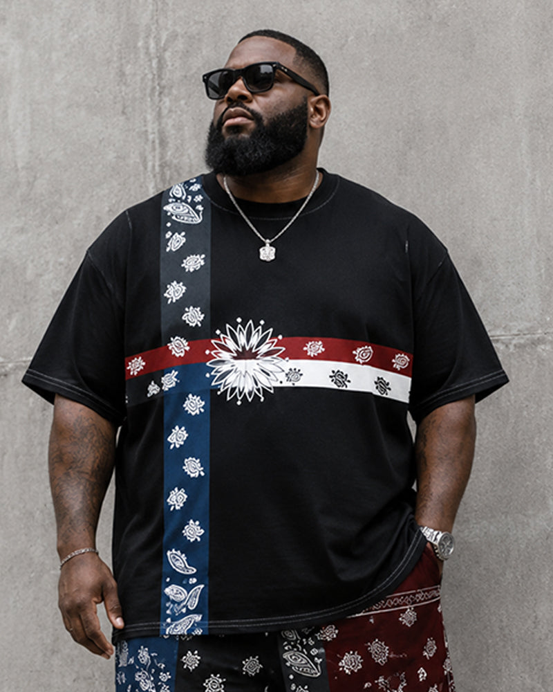 Big & Tall Men's Black Contrast Paisley Stitching Printed Crew Neck Short Sleeve T-shirt Shorts Set