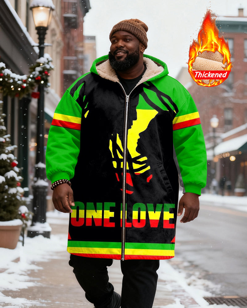 Big & Tall Men's Green, Yellow And Red Figure Contrast Striped Printed Velvet Thickened Long Hooded Coat