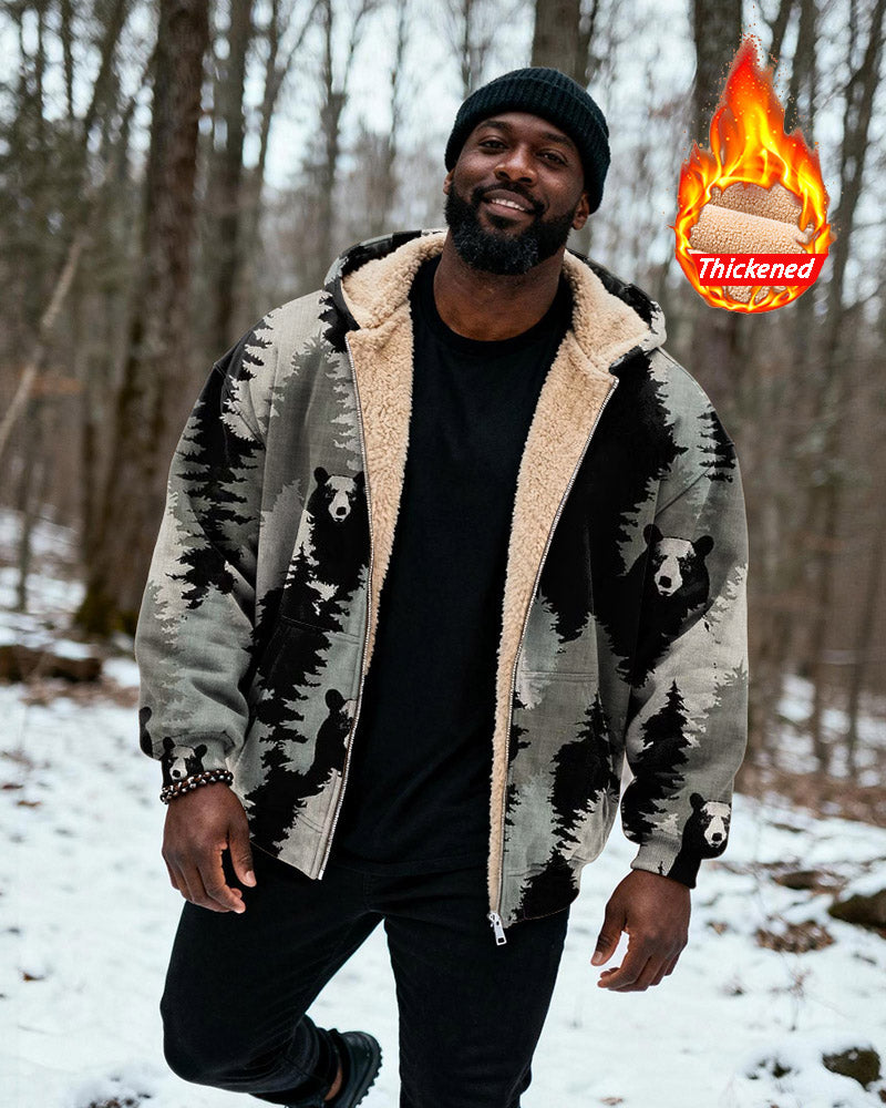 Big & Tall Men's Grey Black Forest Bear Print Velvet Thickened Zip Hoodie