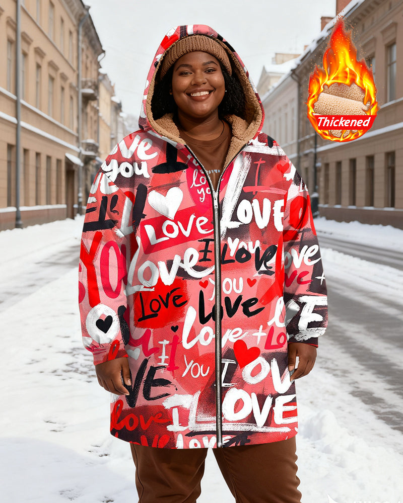 LOVE Graffiti Red And Black Contrast Printed Velvet Thickened Long Hooded Exterior