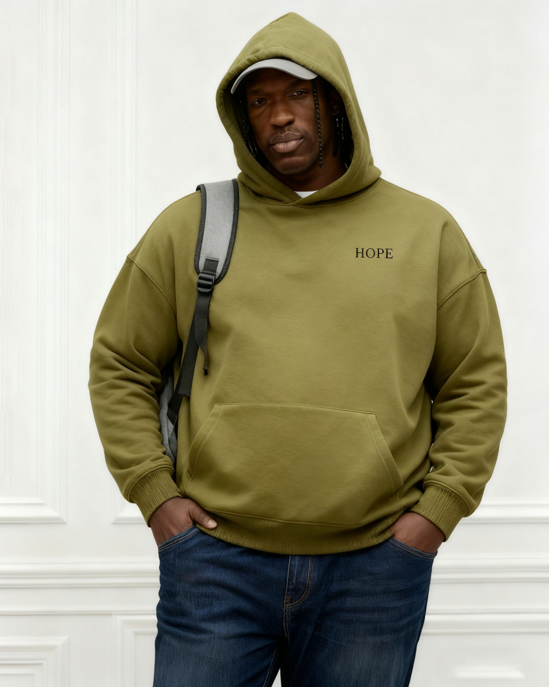 Large Size Men's Autumn And Winter Warm Cotton Hoodie-gray Chest Handmade Three-dimensional Printing "hope" Slogan