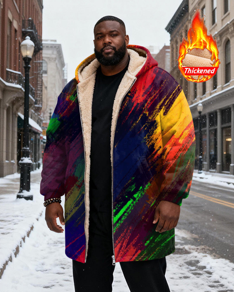 Big & Tall Men's Rainbow Graffiti Print Velvet Thickened Long Hooded Coat