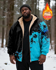 Big & Tall Men's Black And Blue Splash Ink Printed Velvet Thickened Zipper Hoodie